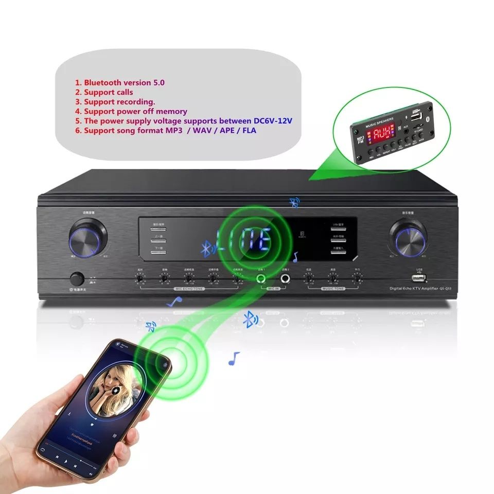 Декодер 2*25W, Bluetooth 5.0. ФМ-приемник, AUX,USB, mp3, Папки листает