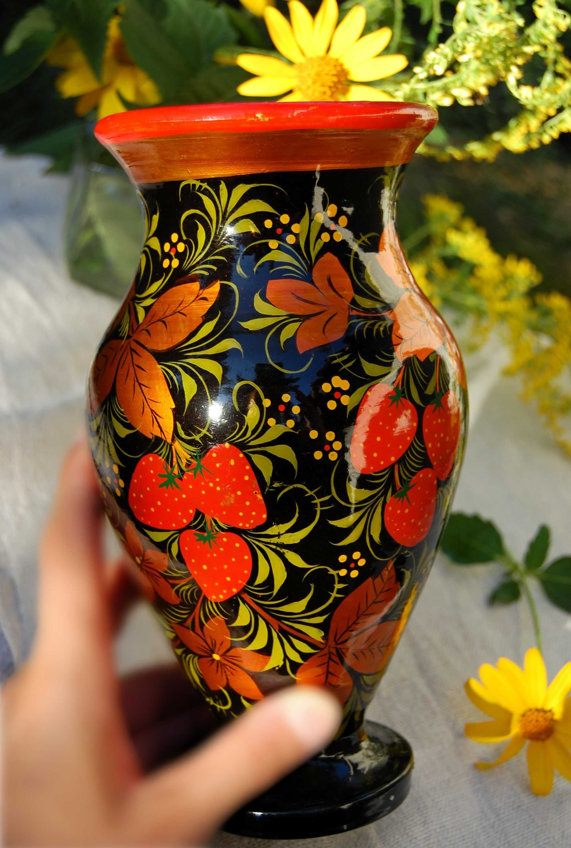 Chochłoma, ręcznie malowany, rosyjski wazon gliniany, ludowy, 21,5 cm