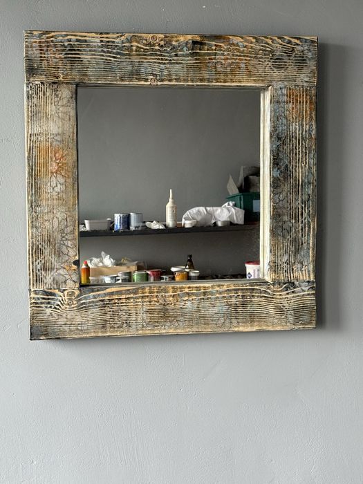 Lustro drewniane postarzana rama Boho Vintage Loft   70x70