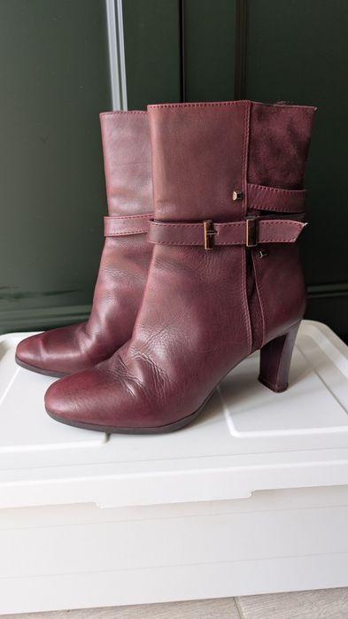 bordowe botki damskie na słupku – eko skóra, kwadratowe noski