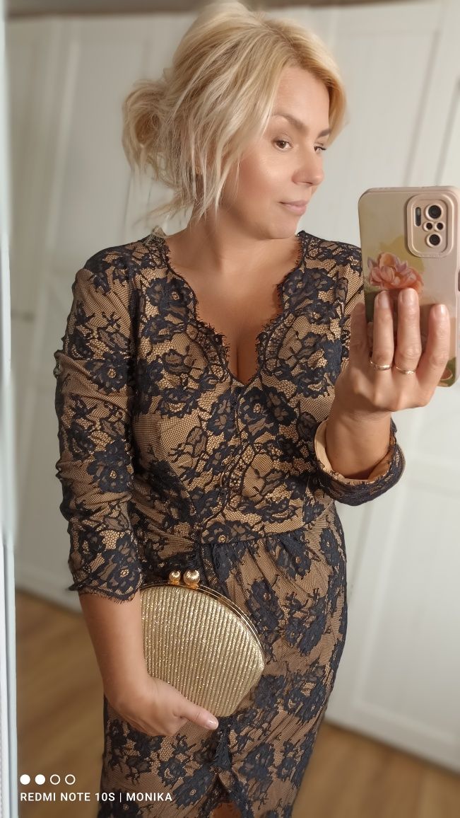 Elegancka koronkowa beżowo czarna sukienka imprezy wesele Tadashi shoj