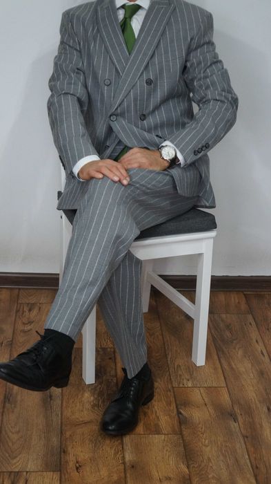 Garnitur Dwurzędowy Zara Wełna Rozmiar 54 190/108 Kolor Szary Prążki