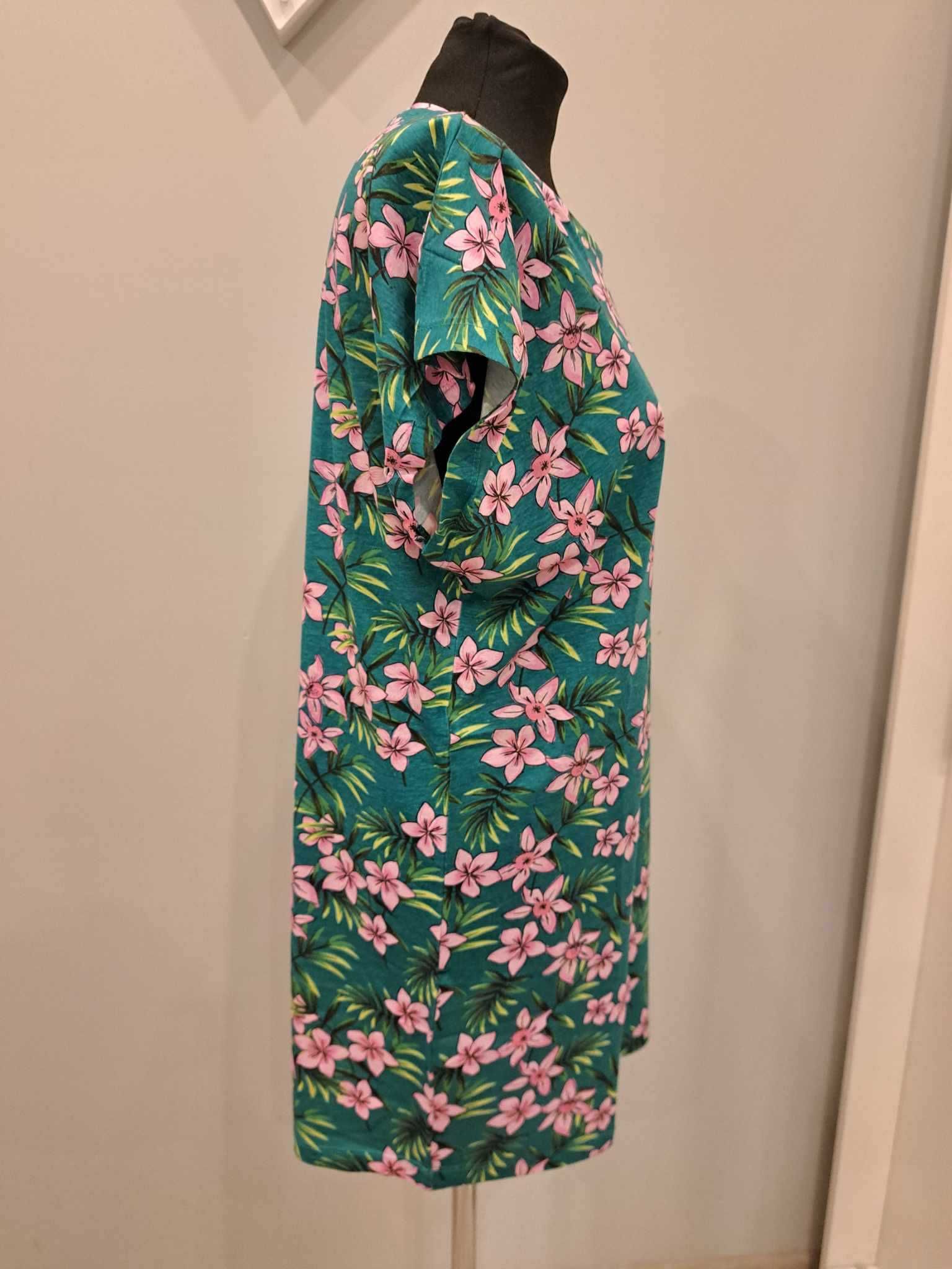Tunika damska roz. L/XL, zielona w kwiaty, krótki rękaw, bawełna