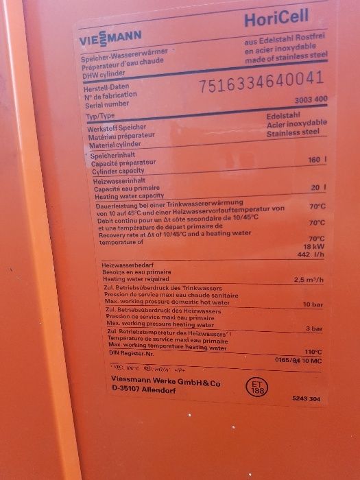 Bojler nierdzewny Viessmann 160l dwu płaszczowy poziomy Wysyłka