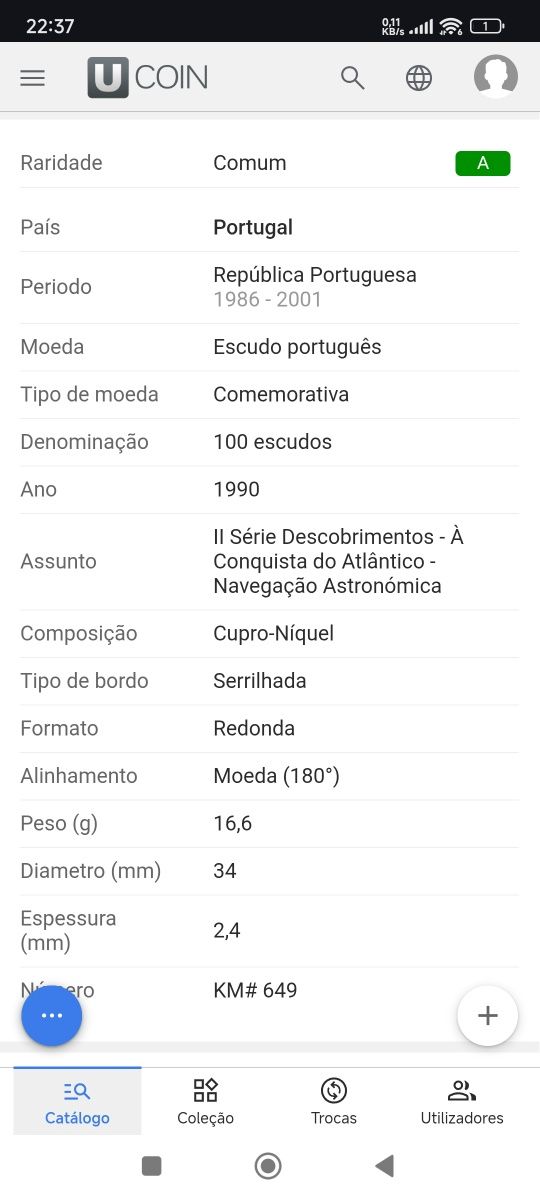 Moeda Cem Escudos Cupro Níquel Navegação Astronómica 1990