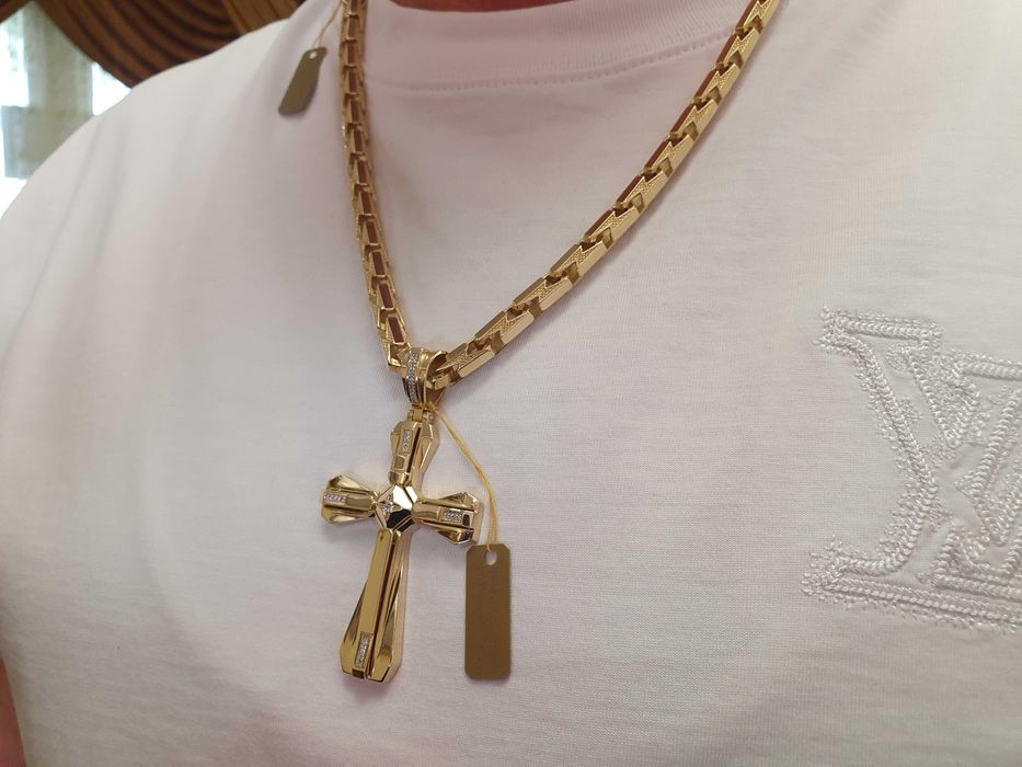 Złoty Łańcuch-127gr+KRZYŻ Z DIAMENTAMI-31szt-Złoty łańcuszek męski 585