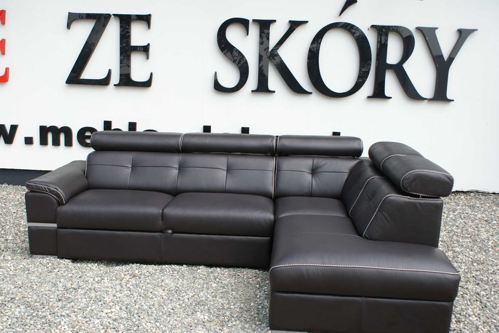 Elegancki narożnik DANTE - skóra naturalna, pojemnik + fun. spania!