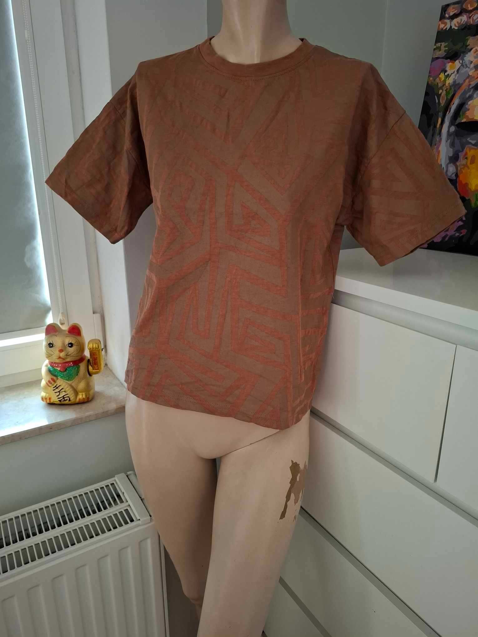 S 36 brązowy T-shirt wzorzysty we wzór koszulka z krótkim rękawem