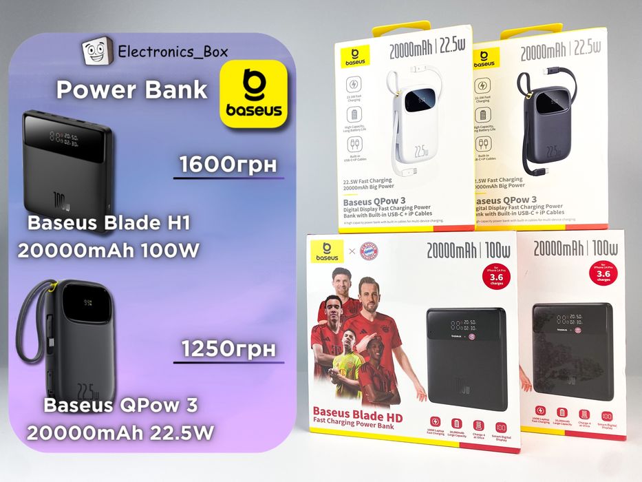 Нові Павербанки Baseus 20000mAh Blade H1 100W / 22.5W QPow 3