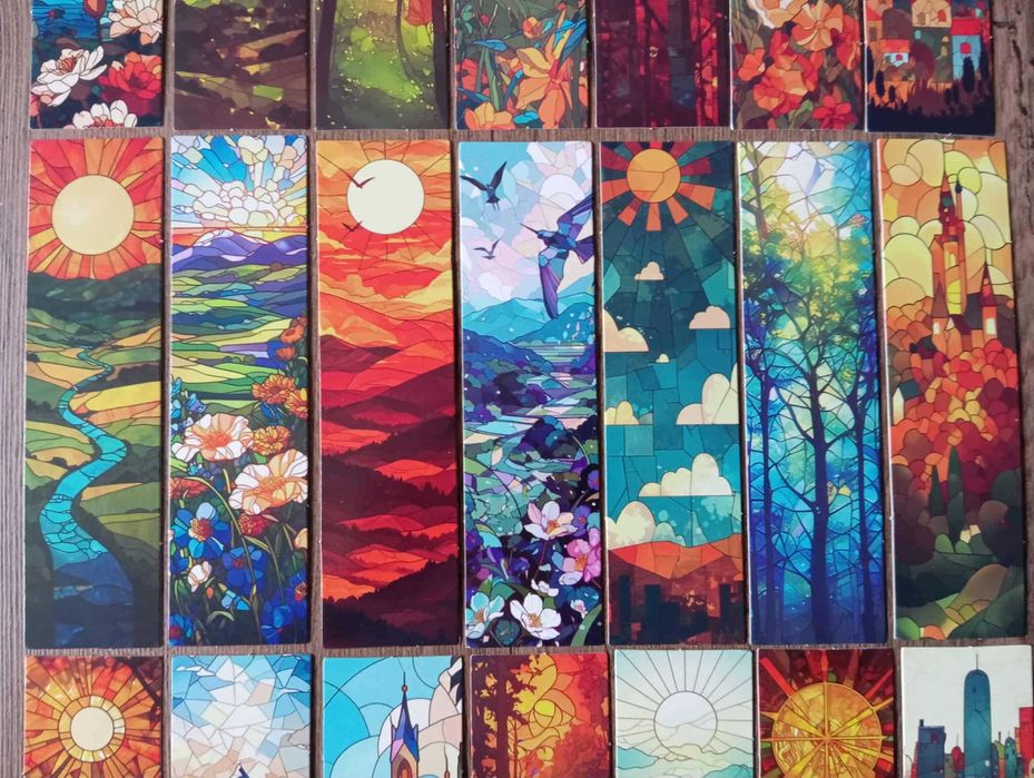 21 kartonowych zakładek do książek z krajobrazami w formie witrażu