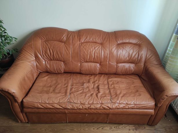 Kanapa skórzana sofa rozkładana skóra naturalna i 2 fotele brąz