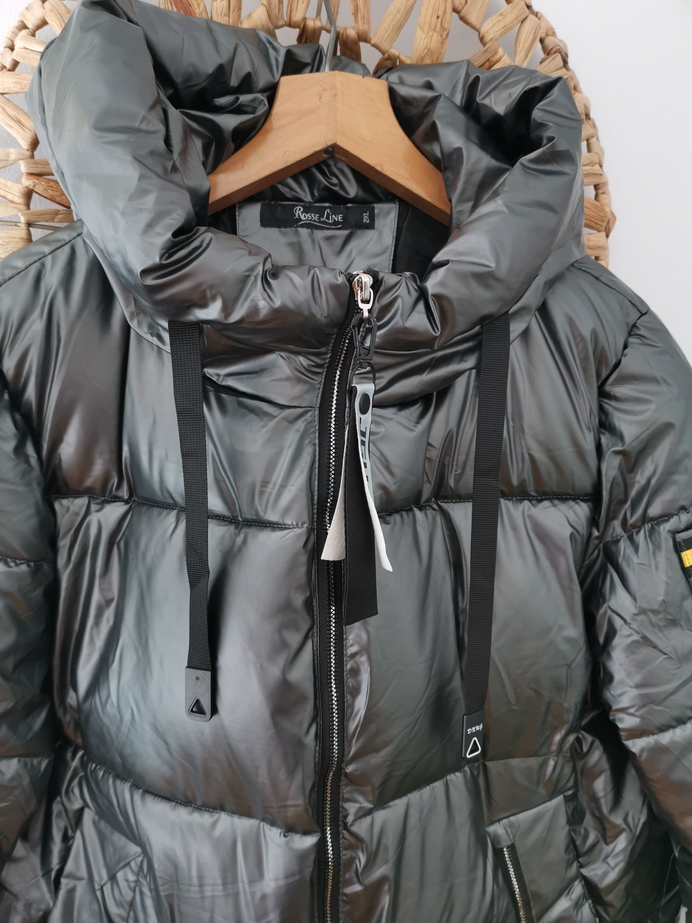 Szara stalowa zimowa kurtka błyszcząca pikowana oversize luźna 2xl 44