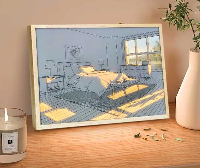 Картина ночник "Кровать в комнате" - картина окно с подсветкой