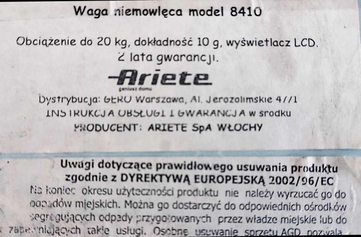 Waga niewowlęca ARIETE dokładność 10g