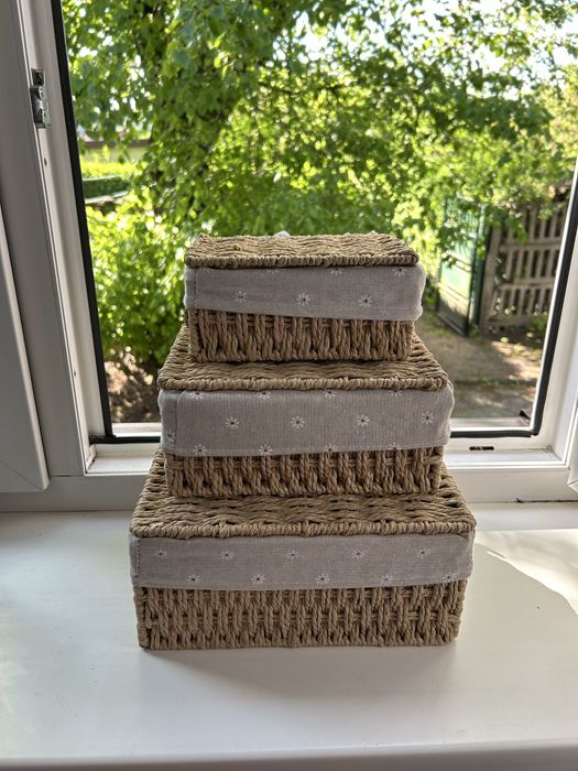 Kosz z pokrywką 3 sztuki, pleciony kosz z liny papierowej, NOWE