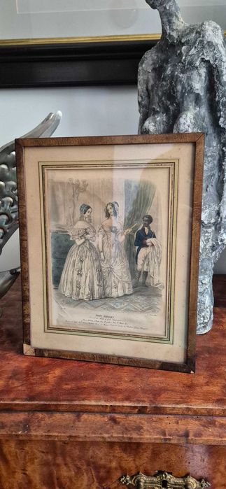 Antyk stara litografia druk modowy Paryż 1844 Francja glamour