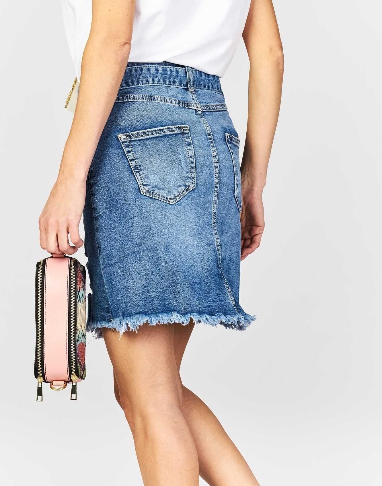 Jeansowa spódnica z paskiem wysoki stan r. M - Premium