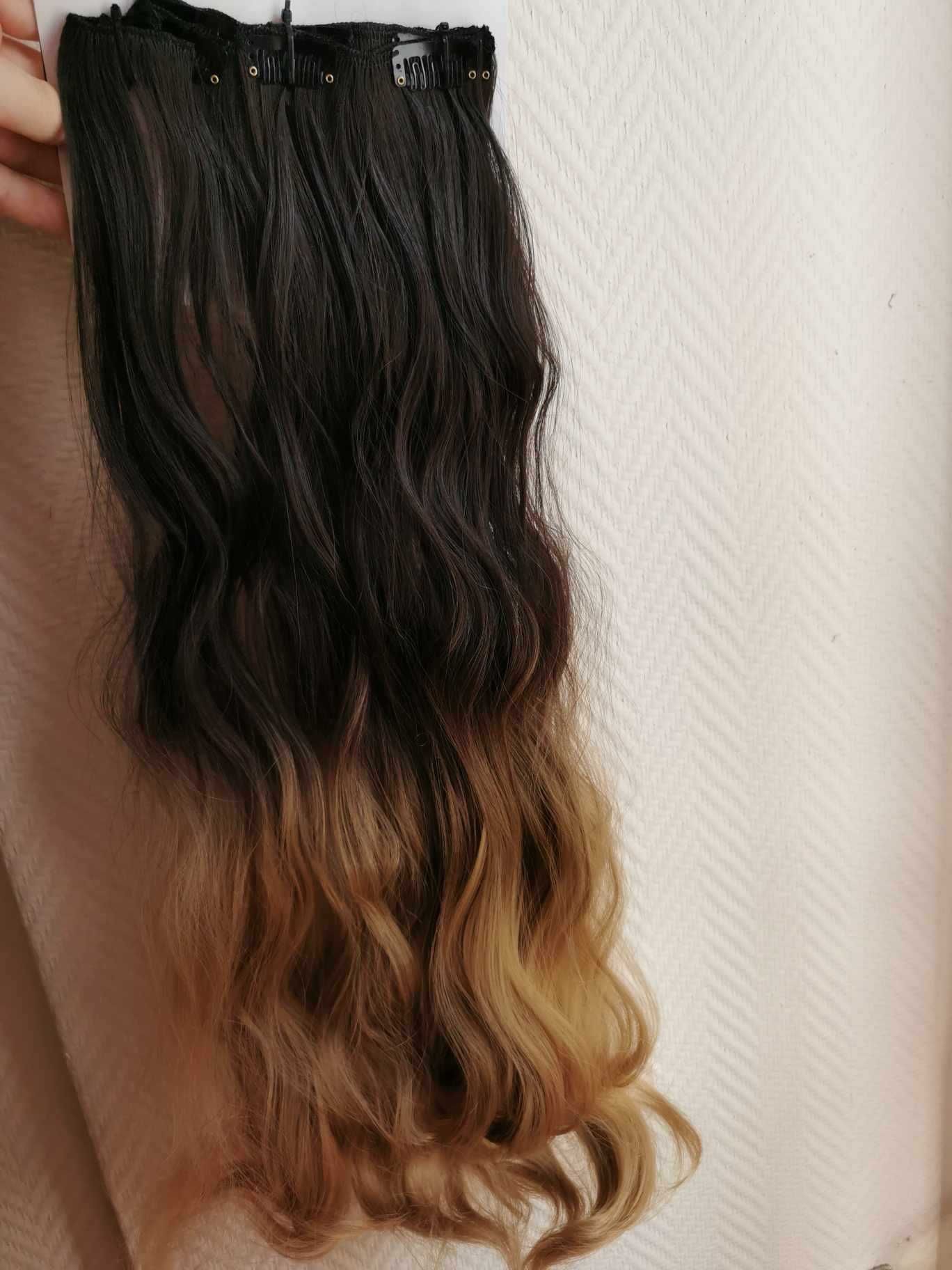 Doczepiane włosy ombre brąz blond clip 65cm fale