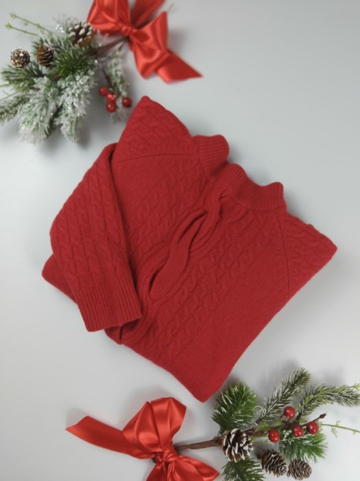 Wełniany sweter czerwony wełna angora golf ciepły sweterek splot gruby