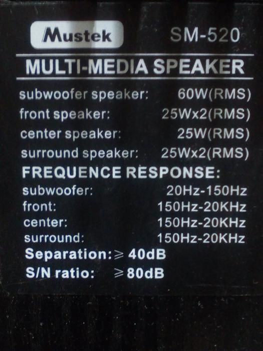 5/1 Active Home Theatre System Multi-Media Speaker MUSTEK SM-520