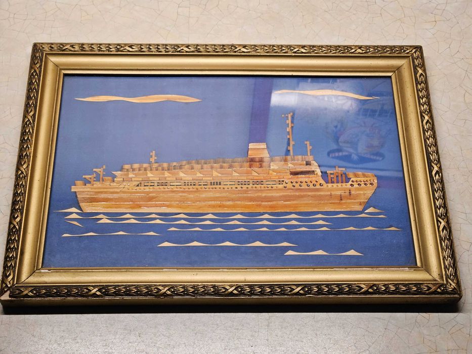 Obraz -  Statek parowy,  rękodzieło z czasów PRL