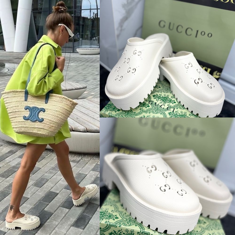 Клоги мюли сабо на танкетке бежевые Gucci