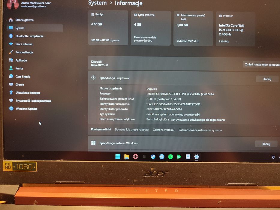 Komputer Laptop gamingowy acer