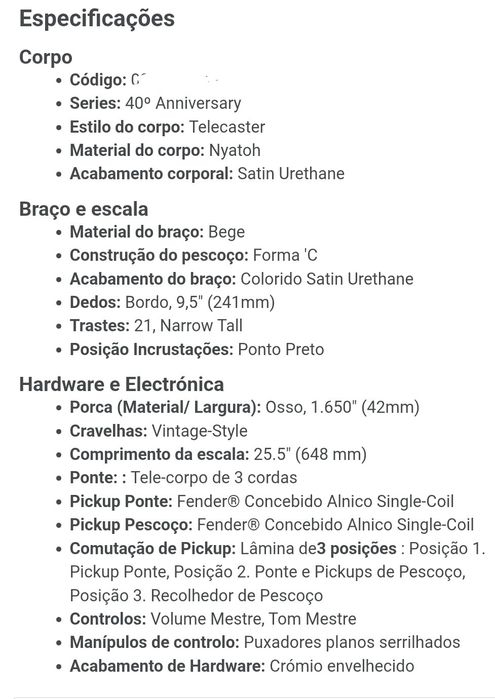 Fender Telecaster Squier Ed 40º anivers - Vintage -