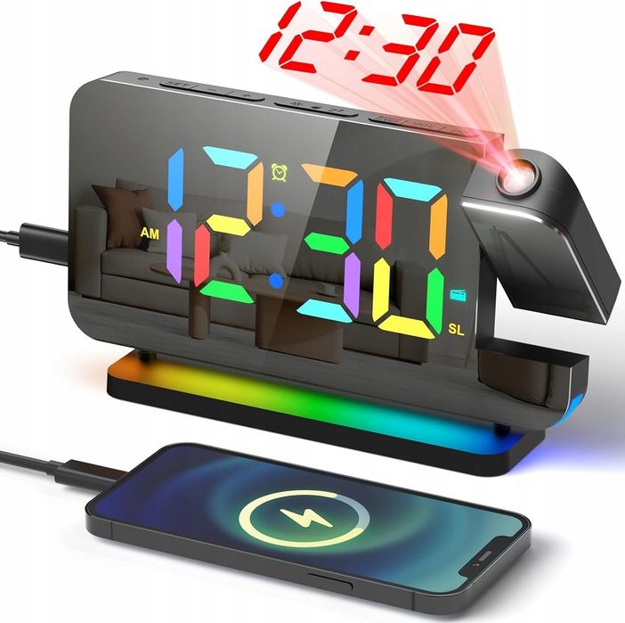 Budzik Radio FM Z Projektorem Ładowarka Zegar Alarm Wyświetlacz