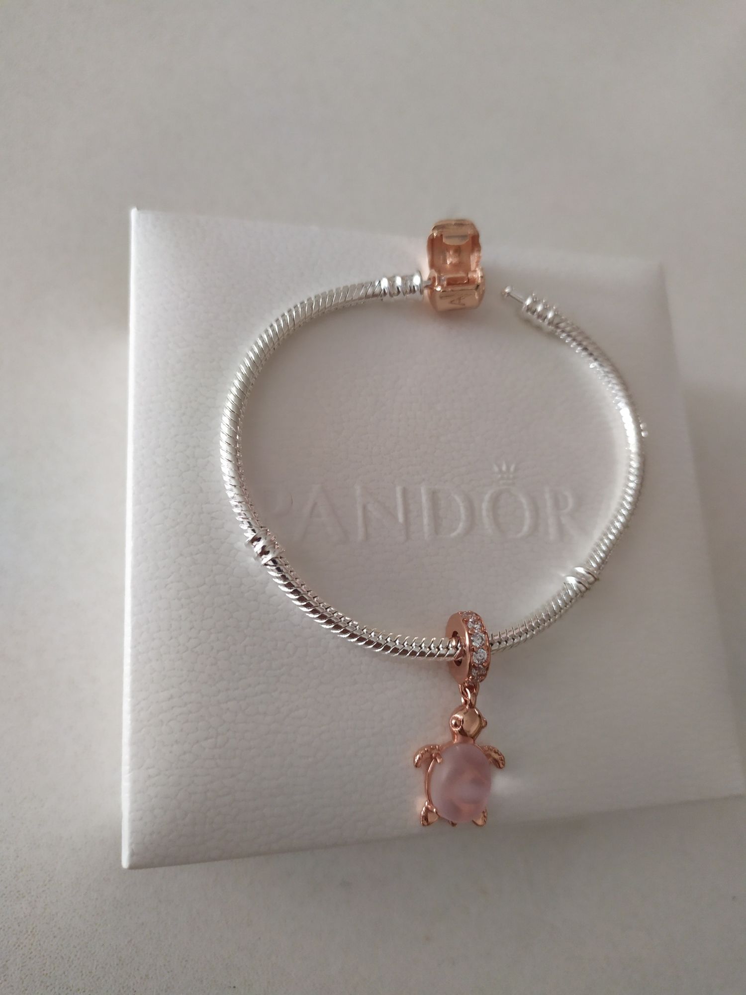 Bransoletka Pandora+ charms żółw różowy murano ALE S925, komplet