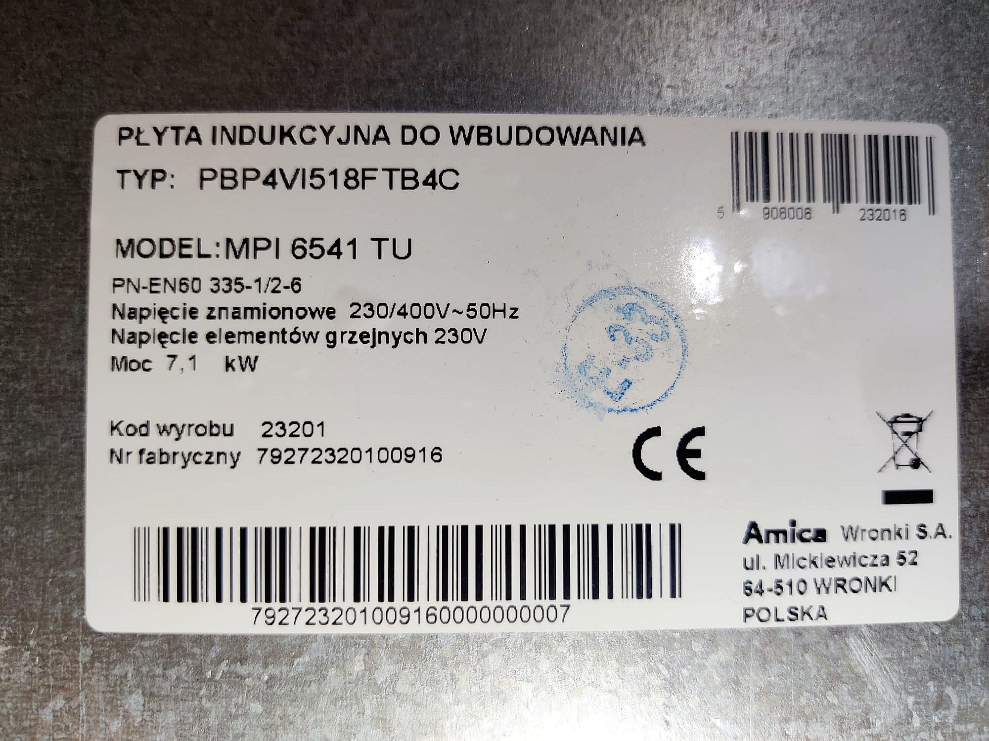 SPRAWNA, pęknięta płyta indukcyjna AMICA MPI 6541 TU