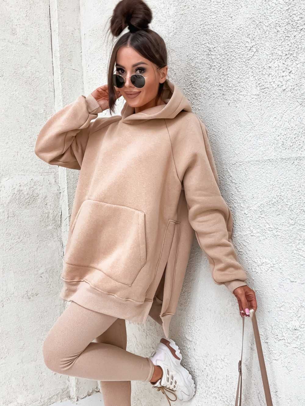 Komplet dresowy damski z rozcięciem Beżowy legginsy + bluza Universal