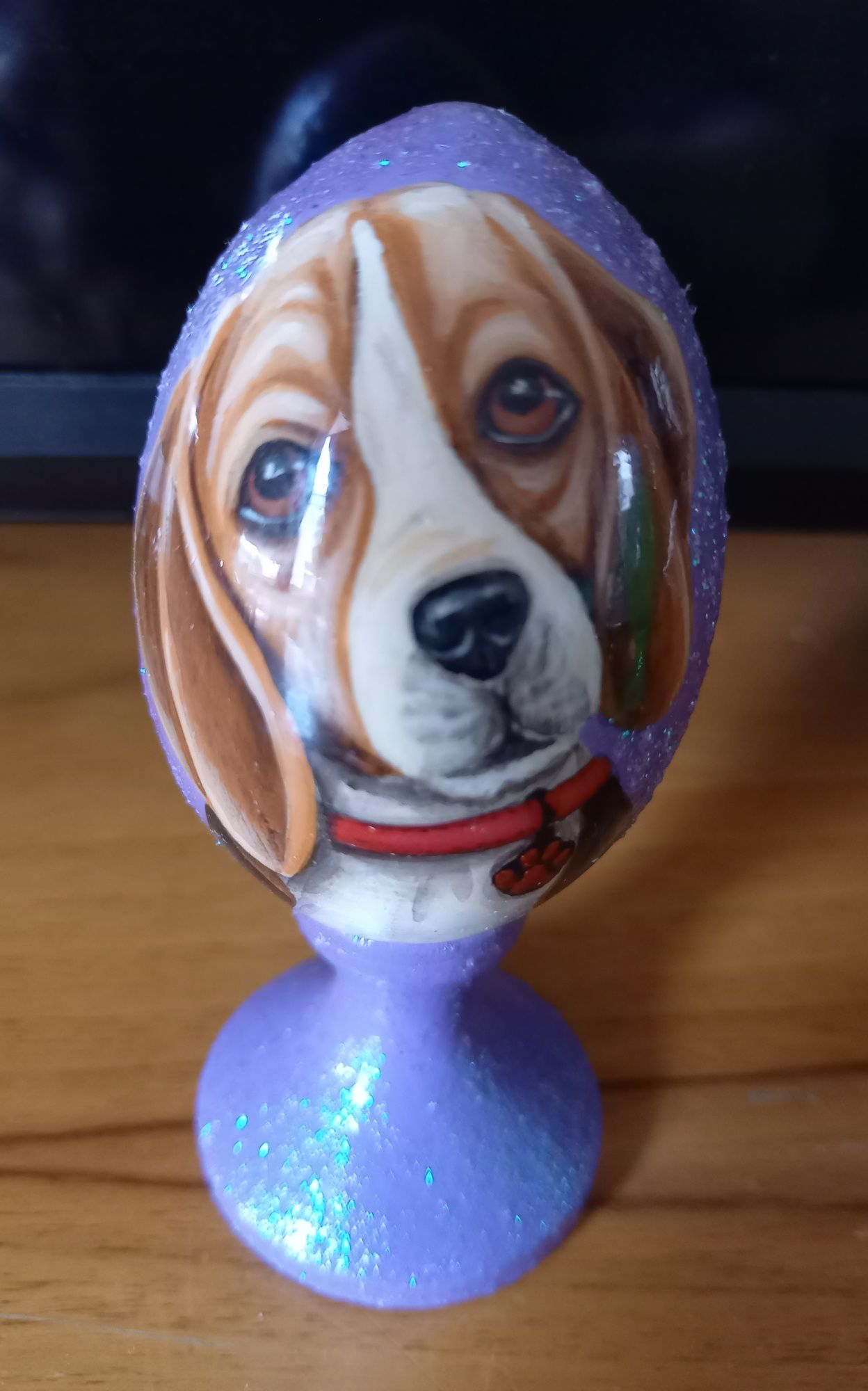 Drewniane jajo, portret psa, recznie malowane.