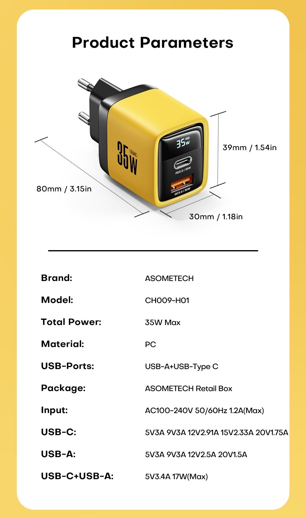 Зарядка Asometech GaN 35W с дисплеем + кабель 60W в комплекте