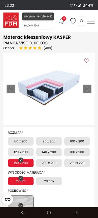 Nowy Materac kieszeniowy FDM KASPER 180x200, pianka visco, kokos, H3-H