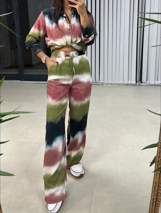 ZARA letnie kolorowe szerokie proste spodnie tie dye barwione XS