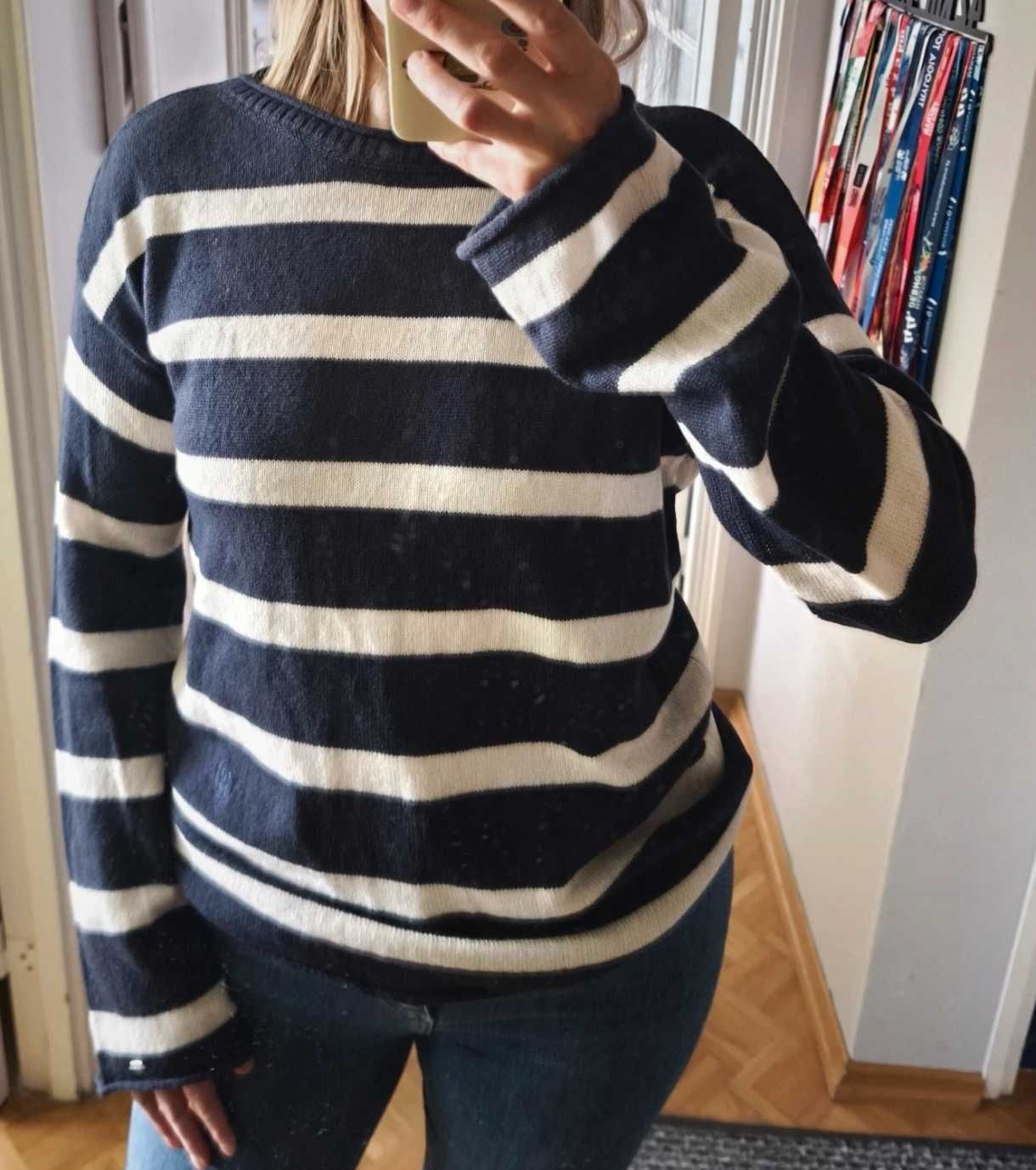 Granatowy wełniany sweter marynarski old money paski Tommy Hilfiger XS