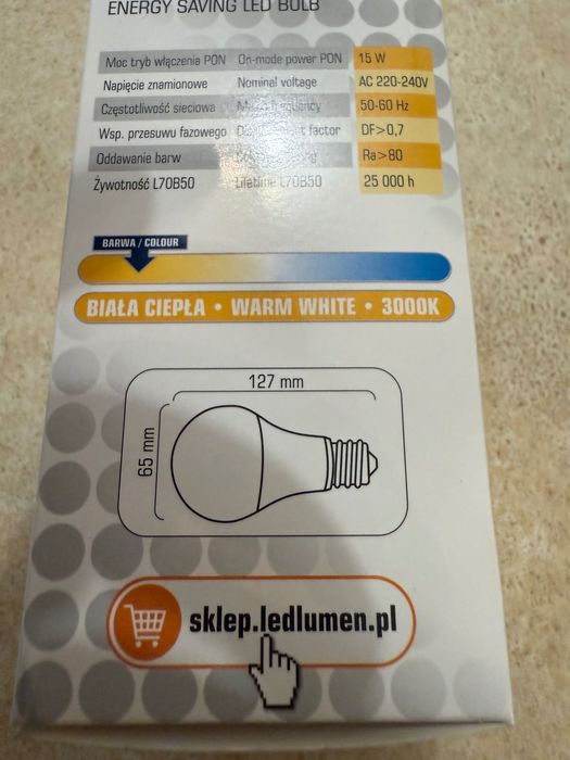 Żarówka LED E27 A65 15W = 100W SMD 1521lm 240° Energooszczędna  3000K