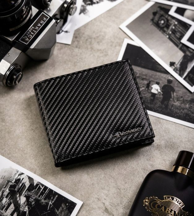 Skórzany portfel męski na zatrzask ochrona kart RFID czarny prezent