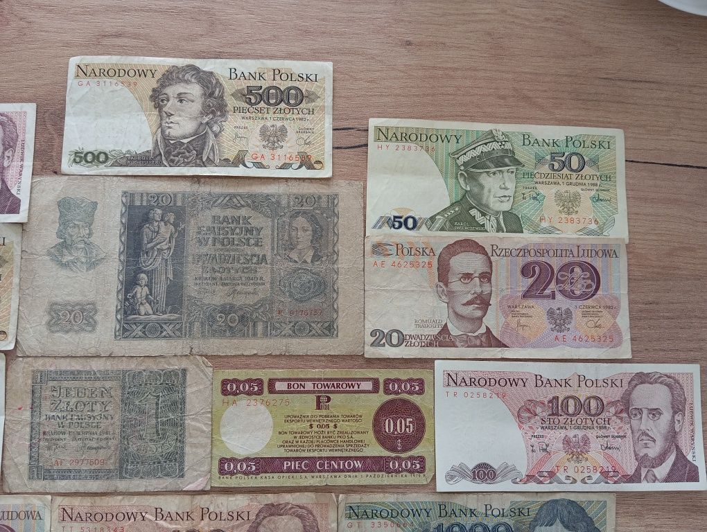 Banknoty PRL + Banknoty II RP+ Bon Towarowy Zestaw 14 sztuk 1zł 1941