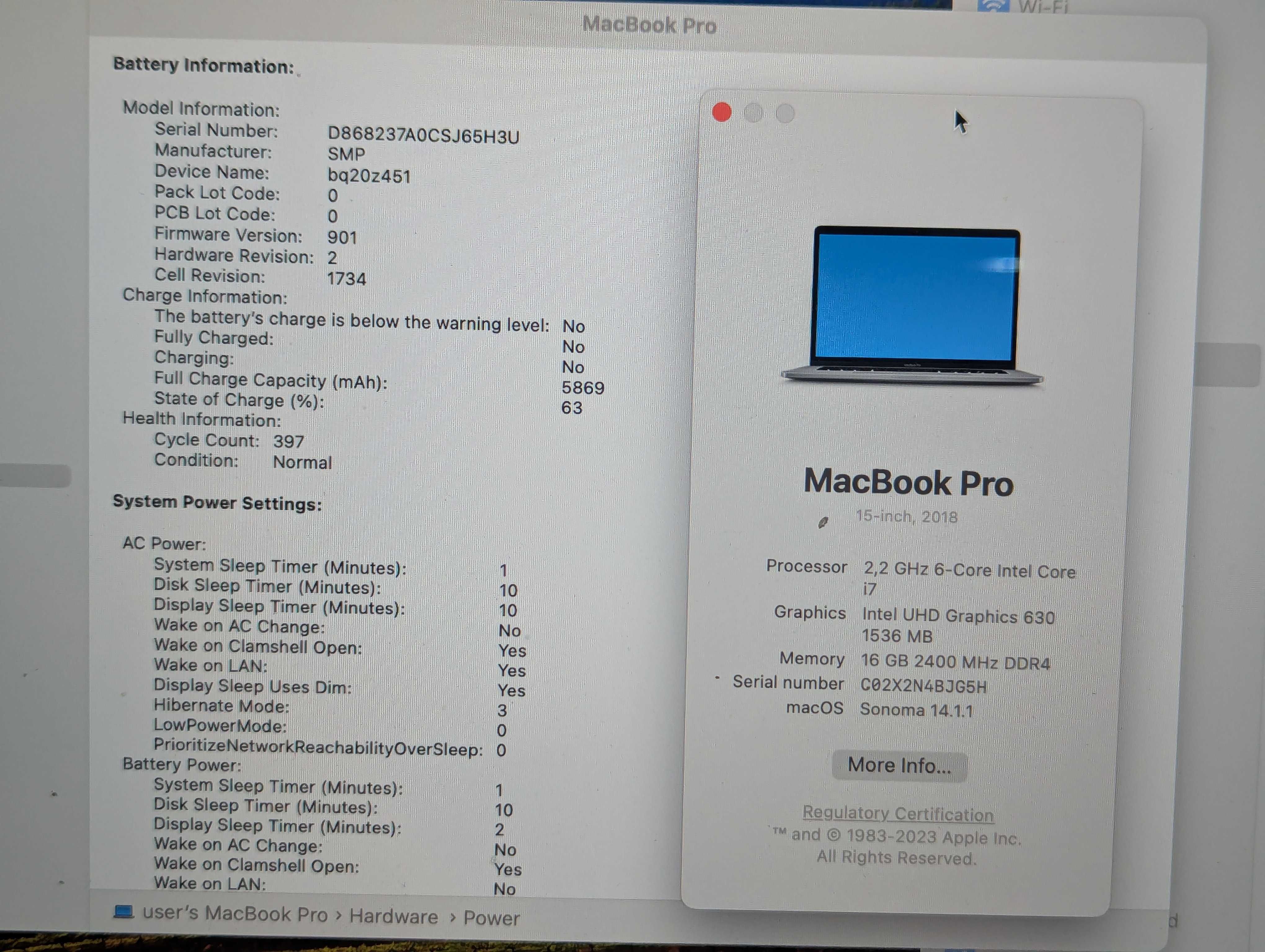 MacBook pro 15 2018 i7 2.2ghz 16/256gb pro 555x 4gb