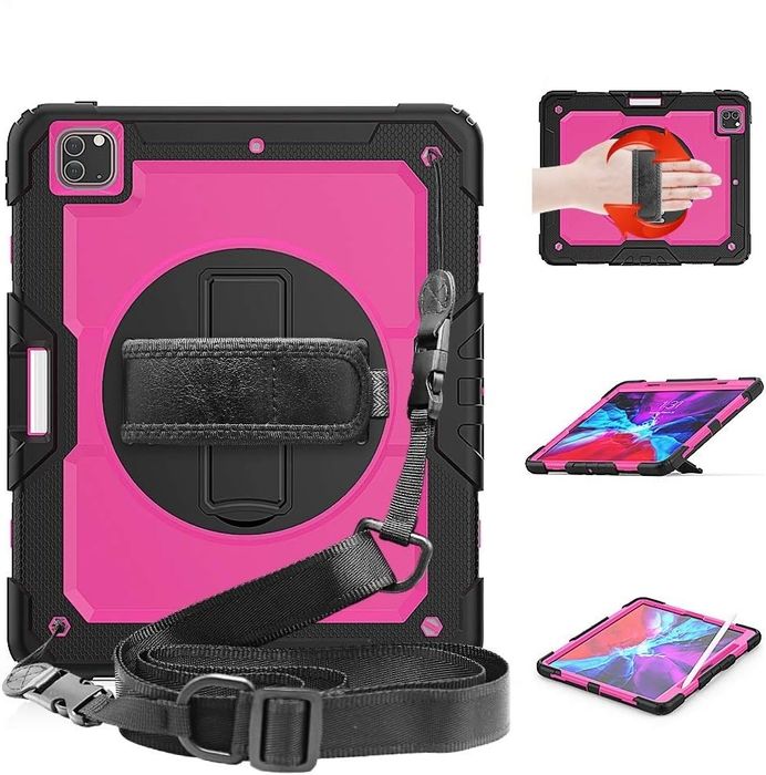 Etui do iPad Pro 5/4/3 12.9" z Podstawką i Paskiem na Ramię Różowe