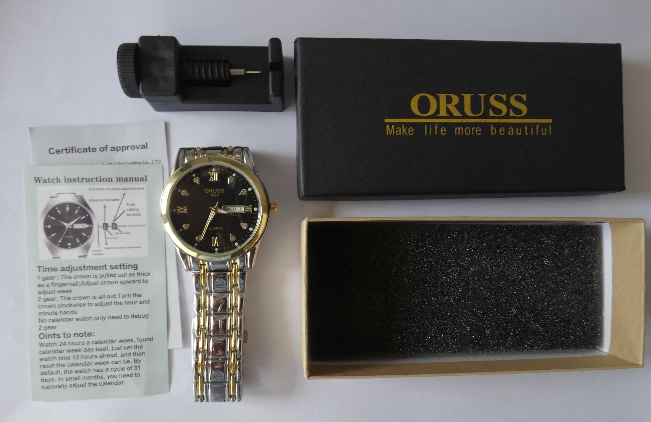 Męski zegarek kwarcowy klasyczny 41mm srebrno złoty datownik pudełko