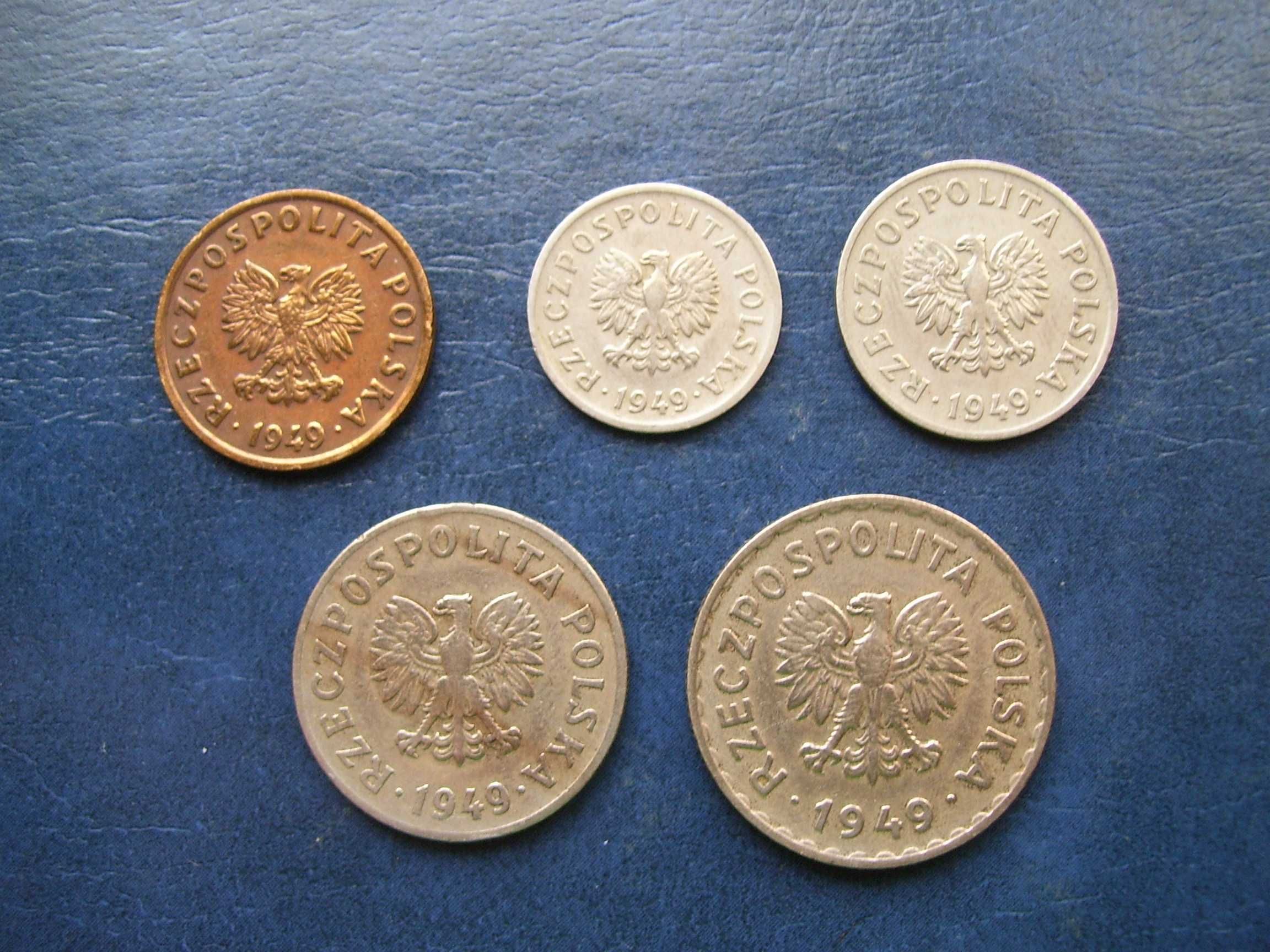 Stare monety 1949 MN 10gr 20gr 50 gr 1zł i 5 gr braz PRL  Piękne D