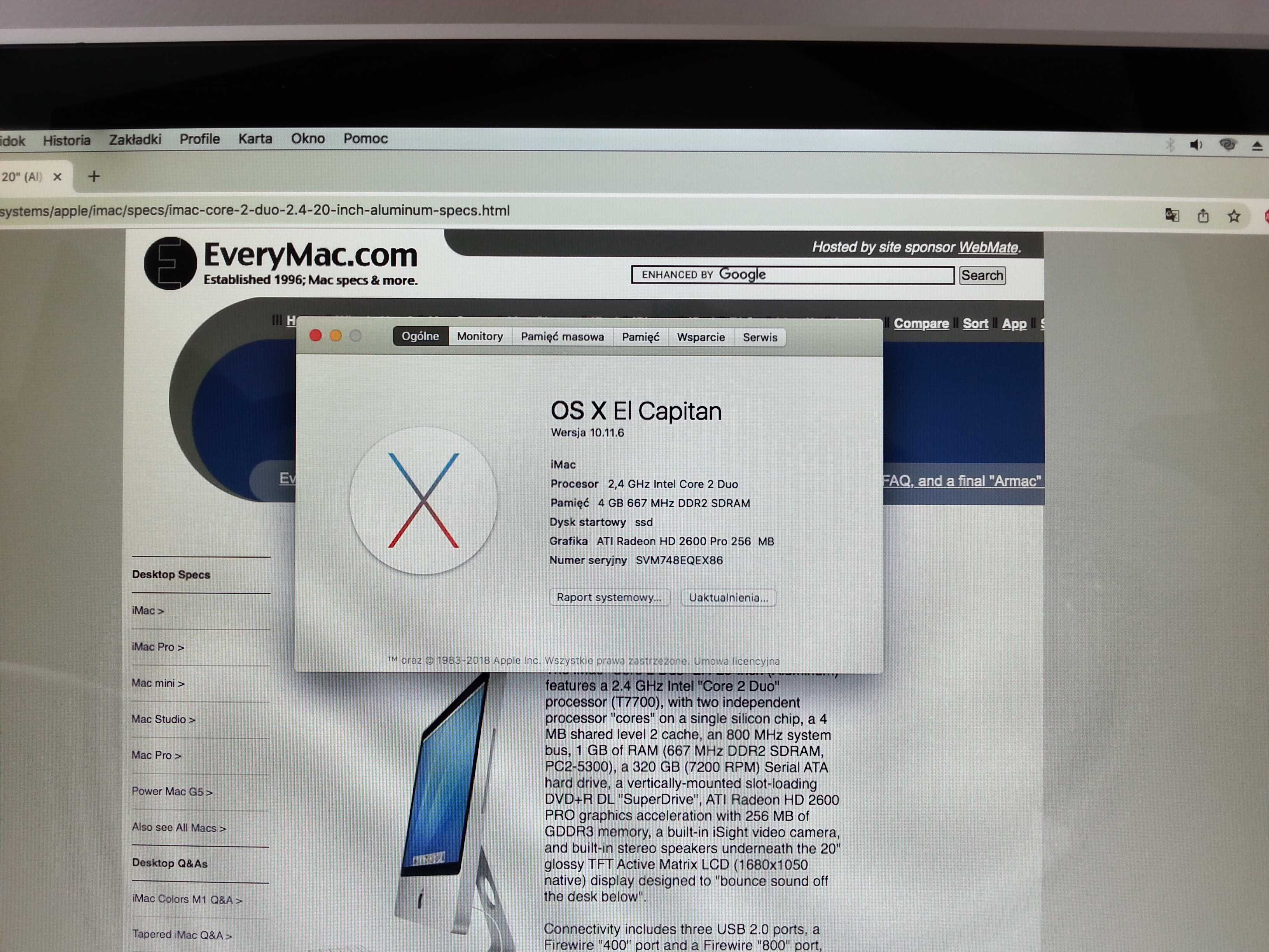 Imac 20'' intel c2d 2.4 radeonPro ssd256GB