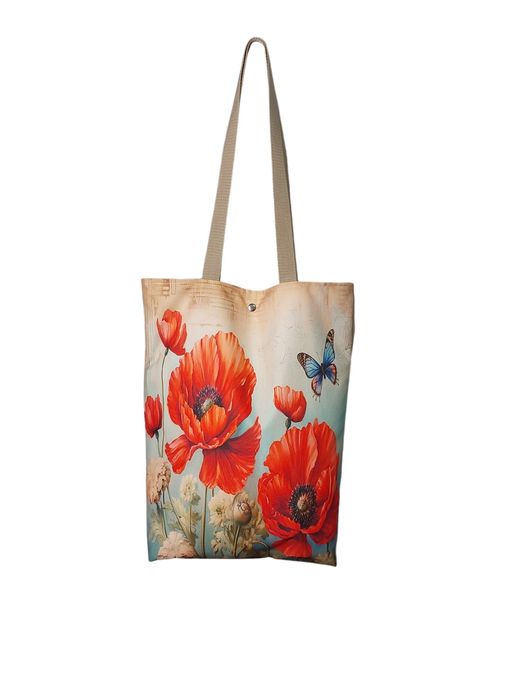 Torba zakupowa, plażowa, maki, kwiaty, motyl, beżowa, handmade