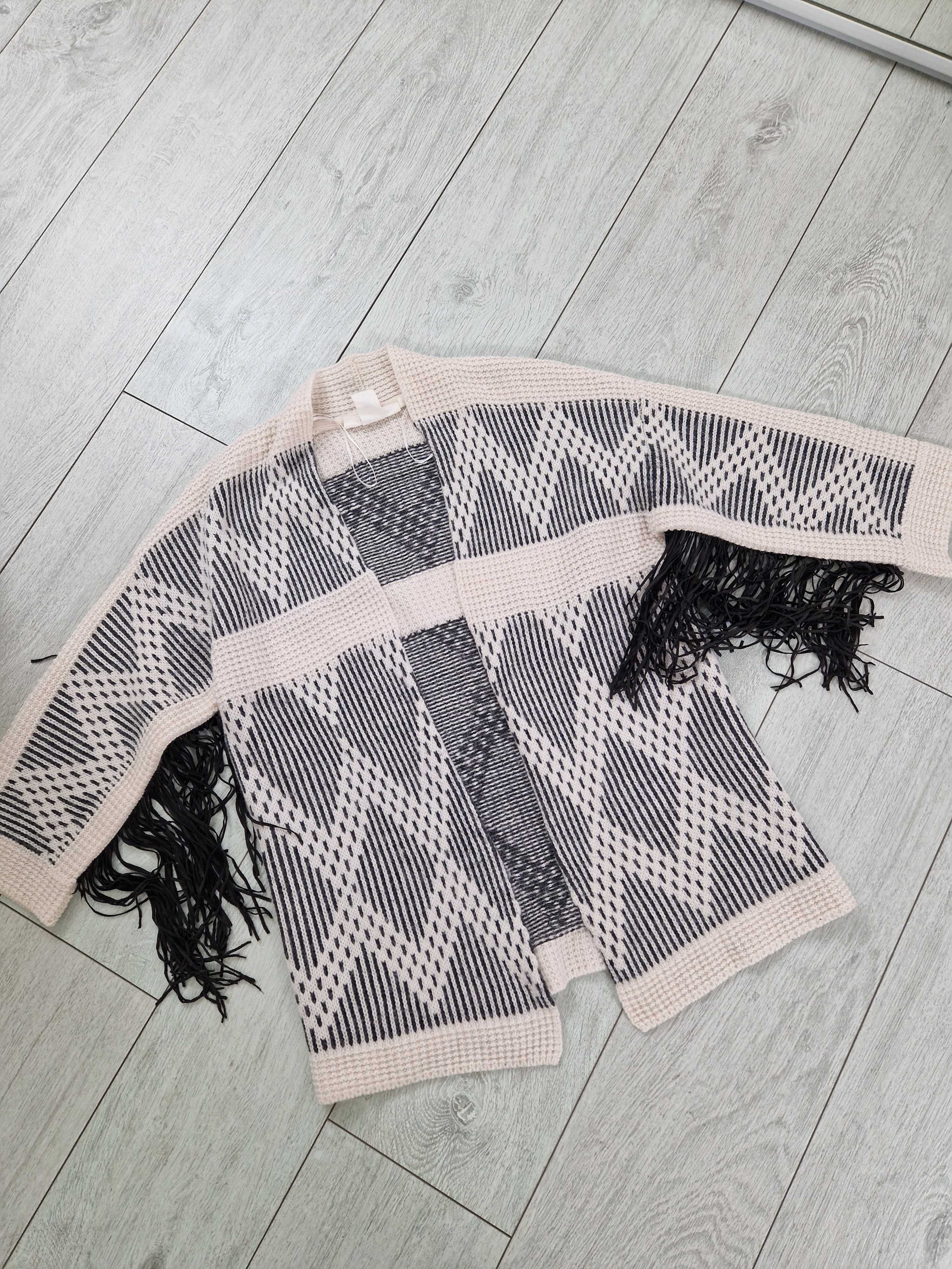 H&M żakardowy kardigan sweter z frędzlami wełniany wełna alapaka XS