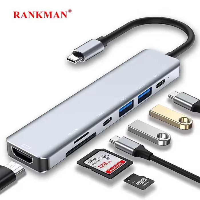 Концентратор Usb c Hub type c 7 в 1 HDMI PD SD TF macbook 4K 30hz 3.0