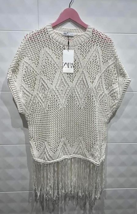 Zara ażurowa bluzka tunika z frędzlami boho nowa S