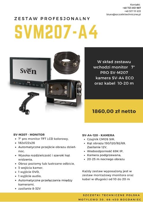 Profesjonalny zestaw kamer: monitor, kabel, akcesoria, kamera 12-32V